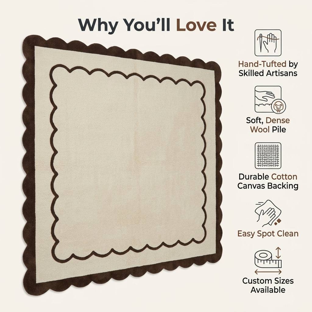 Wool rug with a cream field and chocolate brown scalloped border, featuring a fine inner scalloped line; Cream & Chocolate Scalloped Border