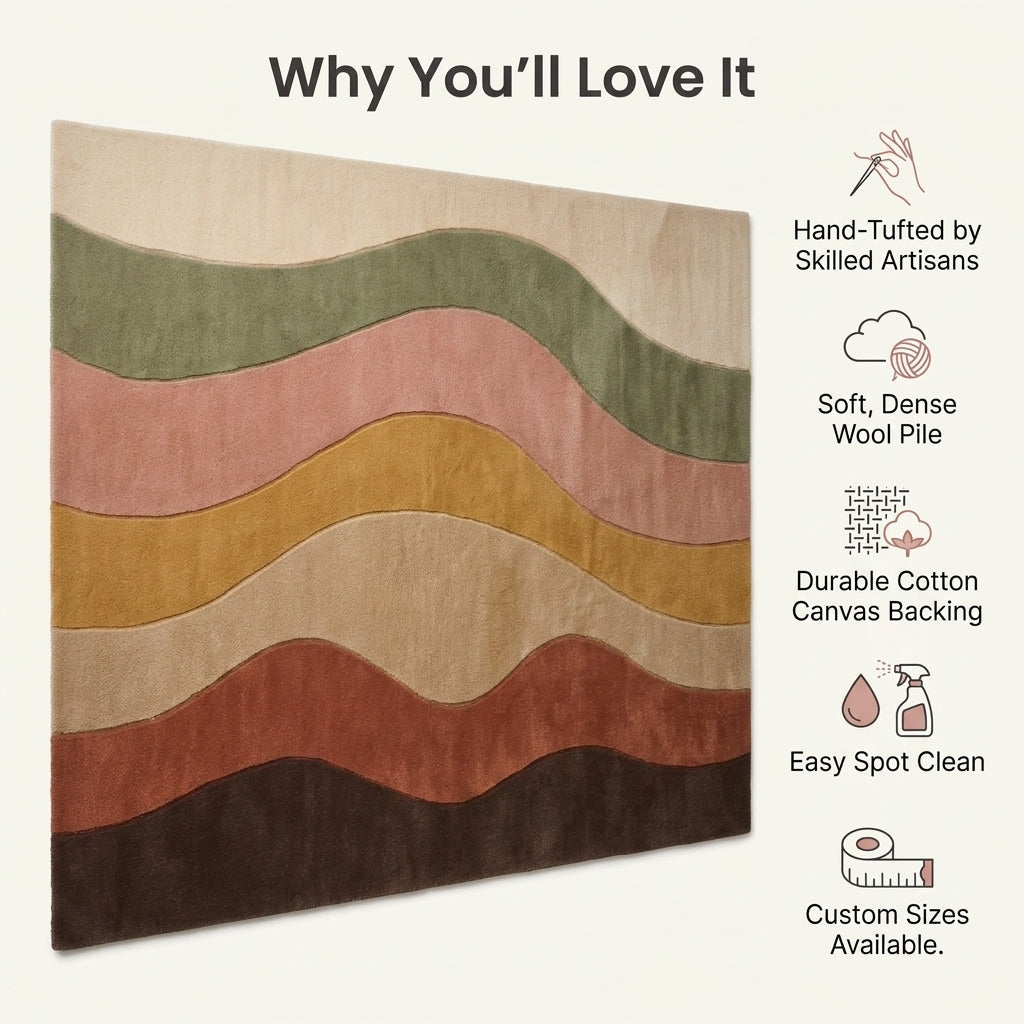 Desert Wave Rug with flowing bands of olive, blush, mustard, sand, terracotta and chocolate brown in a carved wool design