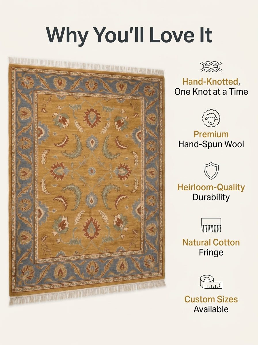 Gold Oushak Rug in golden mustard wool with slate blue floral border, ornate motifs and natural cotton fringe