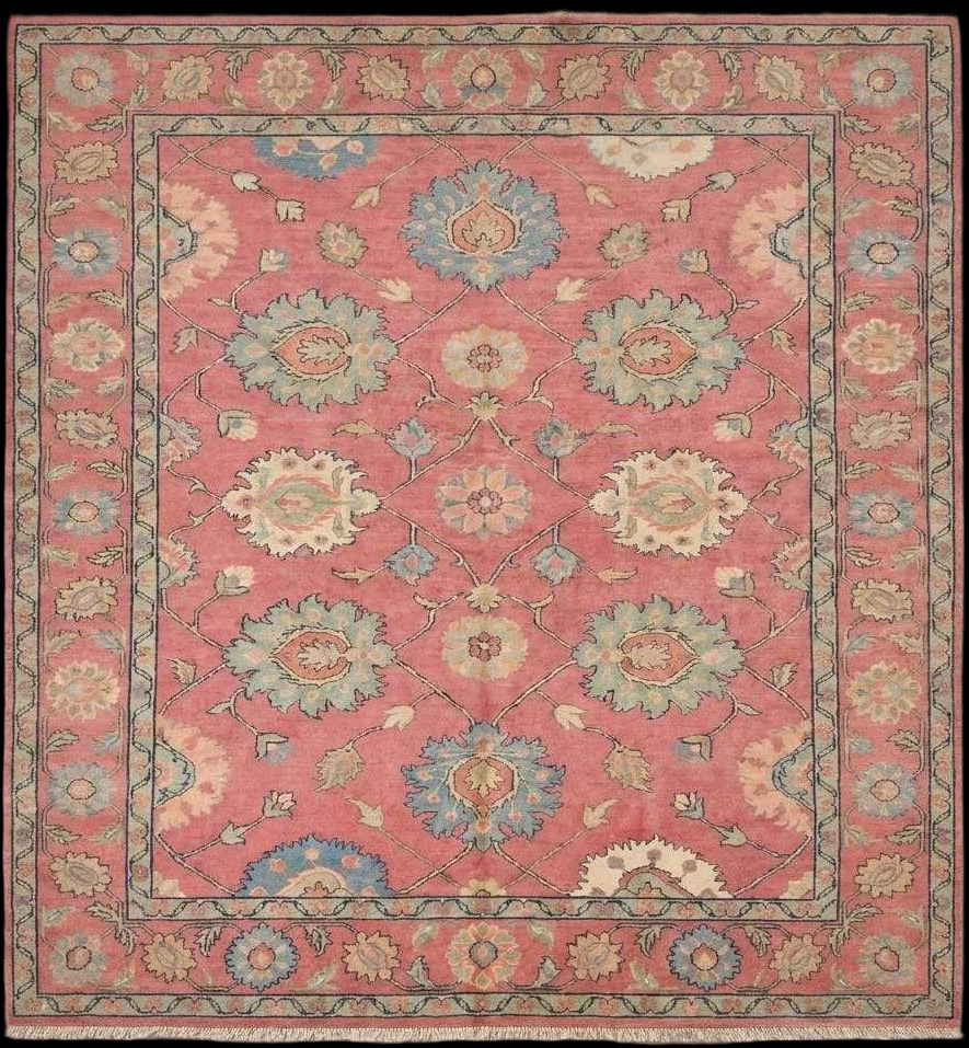 Hand Knotted Pink Oushak Rug, Floral Area Carpet for Living Room, Vintage Turkish Style Wool Rug