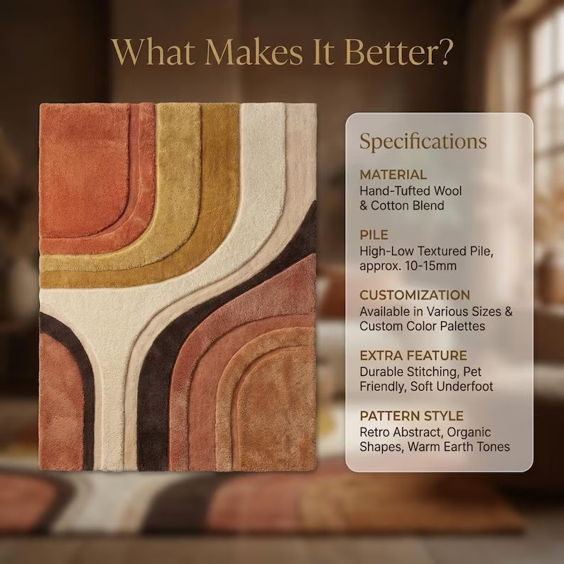 Mid Century Modern hand-tufted abstract area rug with terracotta, mustard, and cream geometric design