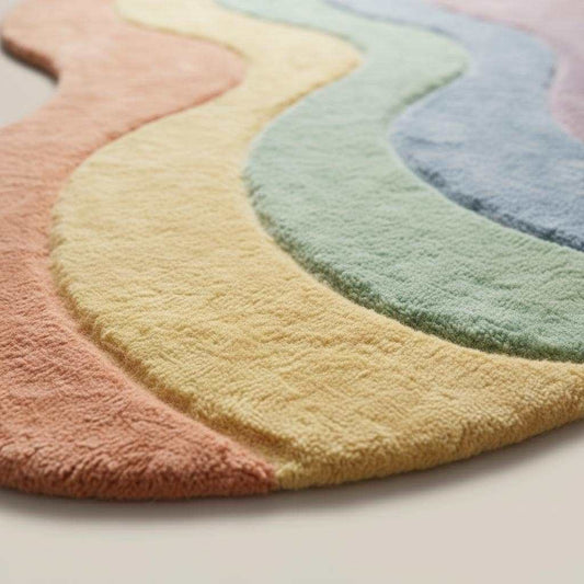 Modern pastel abstract rug with plush shag texture and organic shape