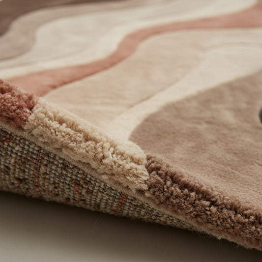 Close-up of plush abstract rug texture highlighting dense fibers, soft pile, and smooth color transitions, showcasing craftsmanship, comfort, and high-quality rug material.