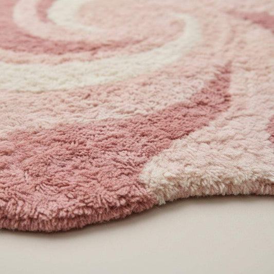 Close-up detail of a handmade tufted rug showing textured wool and stitching