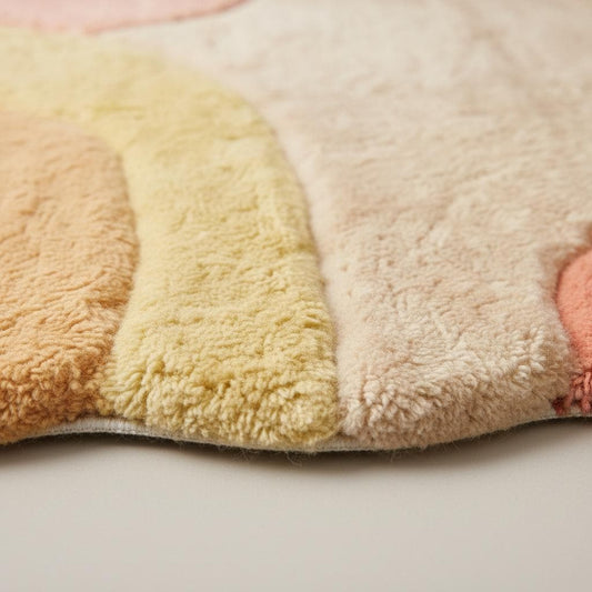 Abstract boho area rug in pastel colors with organic shape and plush tufted texture