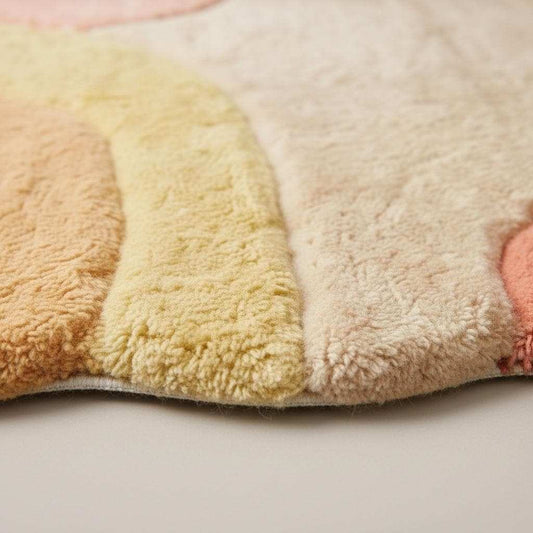 Abstract boho area rug in pastel colors with organic shape and plush tufted texture