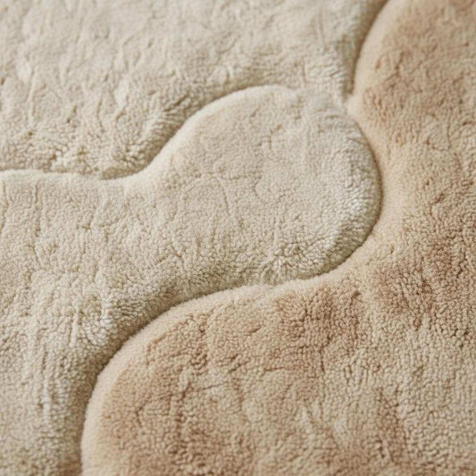 Organic area rug with plush high pile and sculpted pattern in neutral beige ivory tones for modern minimalist interiors