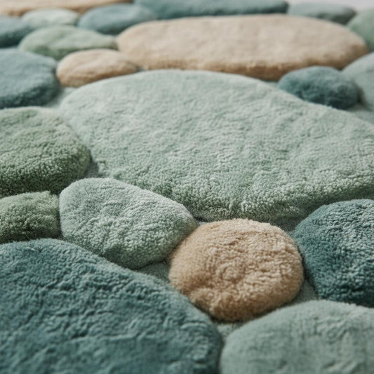 Close-up of tufted pebble area rug texture showing plush fibers, raised pile craftsmanship, and soft green and beige tones highlighting quality and comfort.