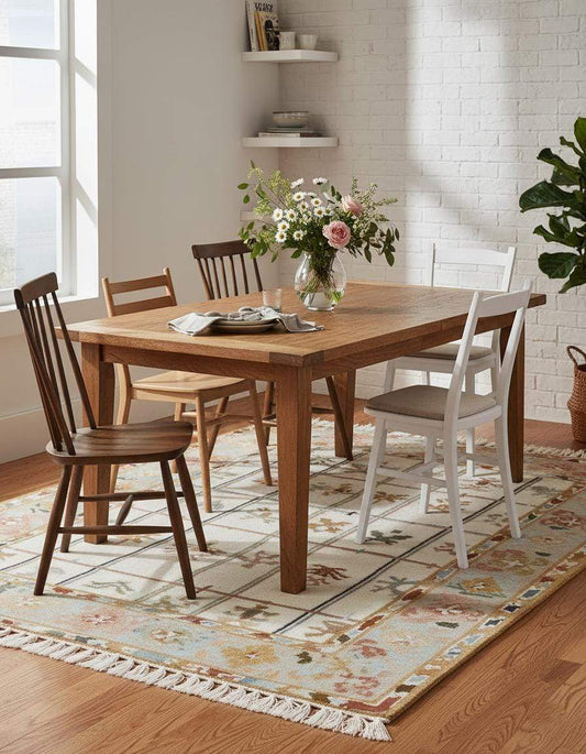 Ivory grid floral area rug with pastel border and fringe on stone floor