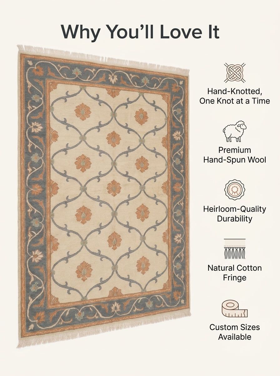 Ivory Trellis Rug with an ivory field, slate blue vine lattice, peach floral motifs, dark blue floral border and cotton fringe