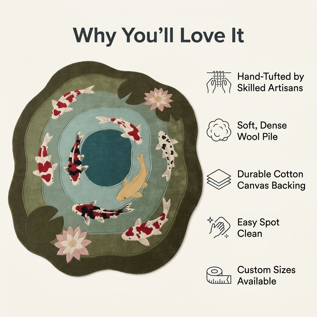 Koi Pond Lotus Rug featuring hand-tufted wool koi in red, white, black and gold, with pink lotus flowers and olive lily pads