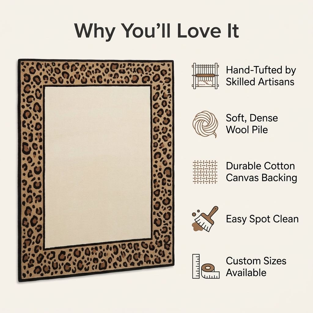 Leopard Border Rug with an ivory centre and tan, brown and black spotted border, finished with crisp dark edging