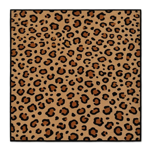 Leopard Print Rug in tan with irregular black rosettes and a narrow solid black border