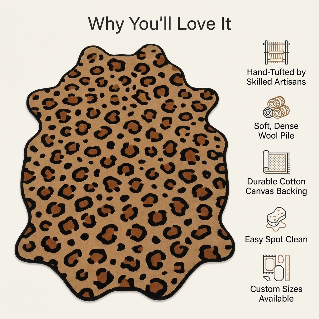 Leopard Print Rug with a tan ground, irregular black spots and a bold black outline in a scalloped hide shape