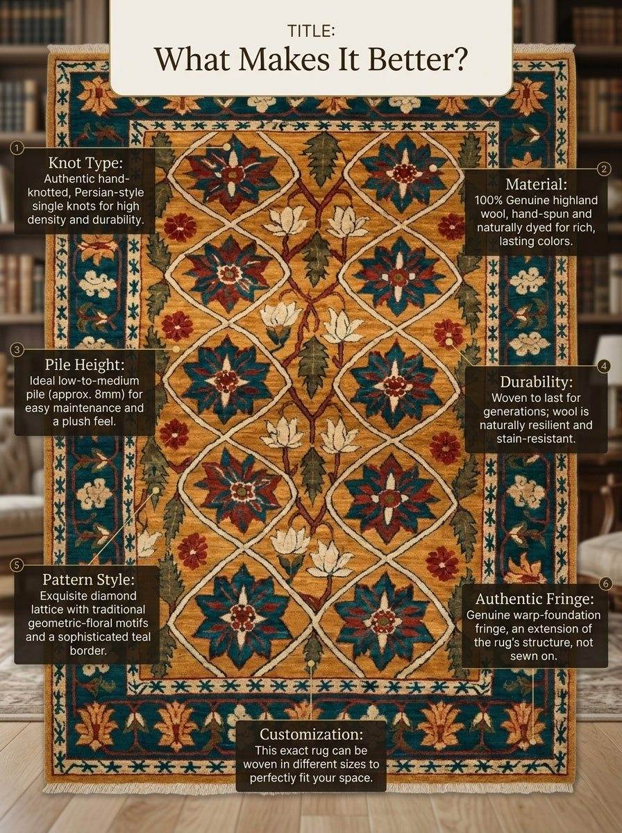 Mughal Lattice Hand Knotted Wool Rug with a saffron gold ground, teal floral lattice, rust accents and fringe