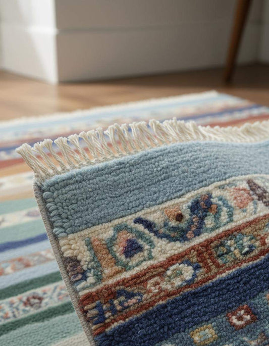 Multicolor striped area rug with horizontal boho coastal fringe design in blues, teal, sage, sand, taupe, clay, and terracotta colors