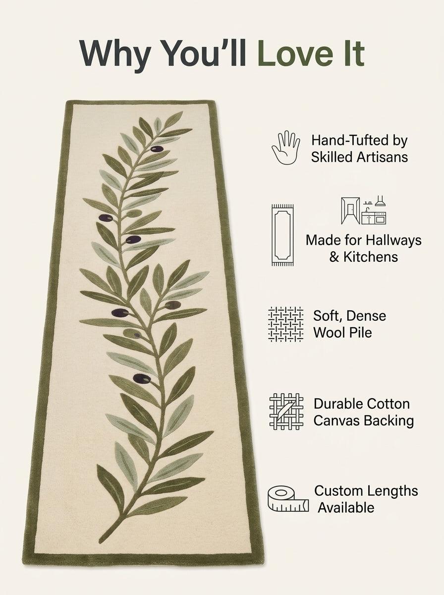 Olive Branch Runner Rug with a cream wool field, olive green border, and carved leafy branch with dark olives