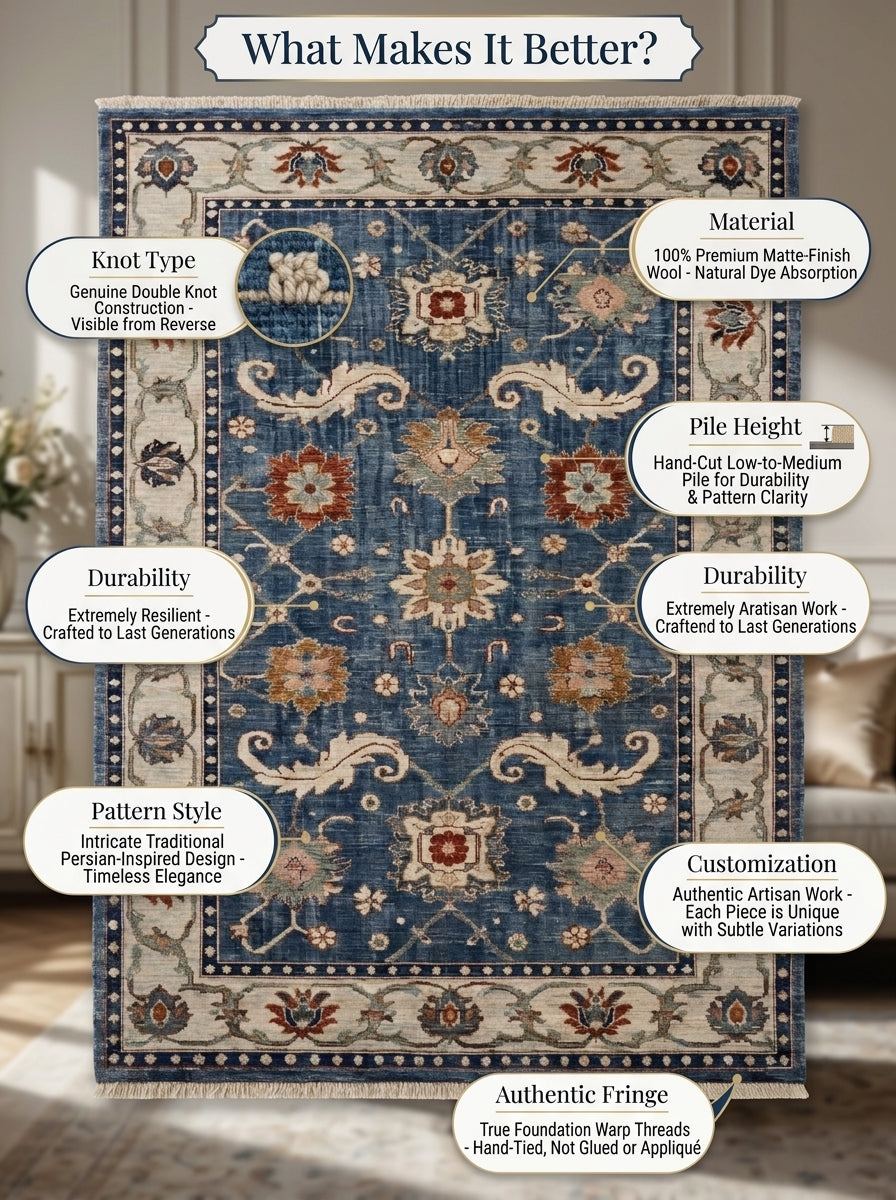 Oushak Hand Knotted Rug in navy and ivory wool, with scrolling floral motifs, rust accents, and a wide border.