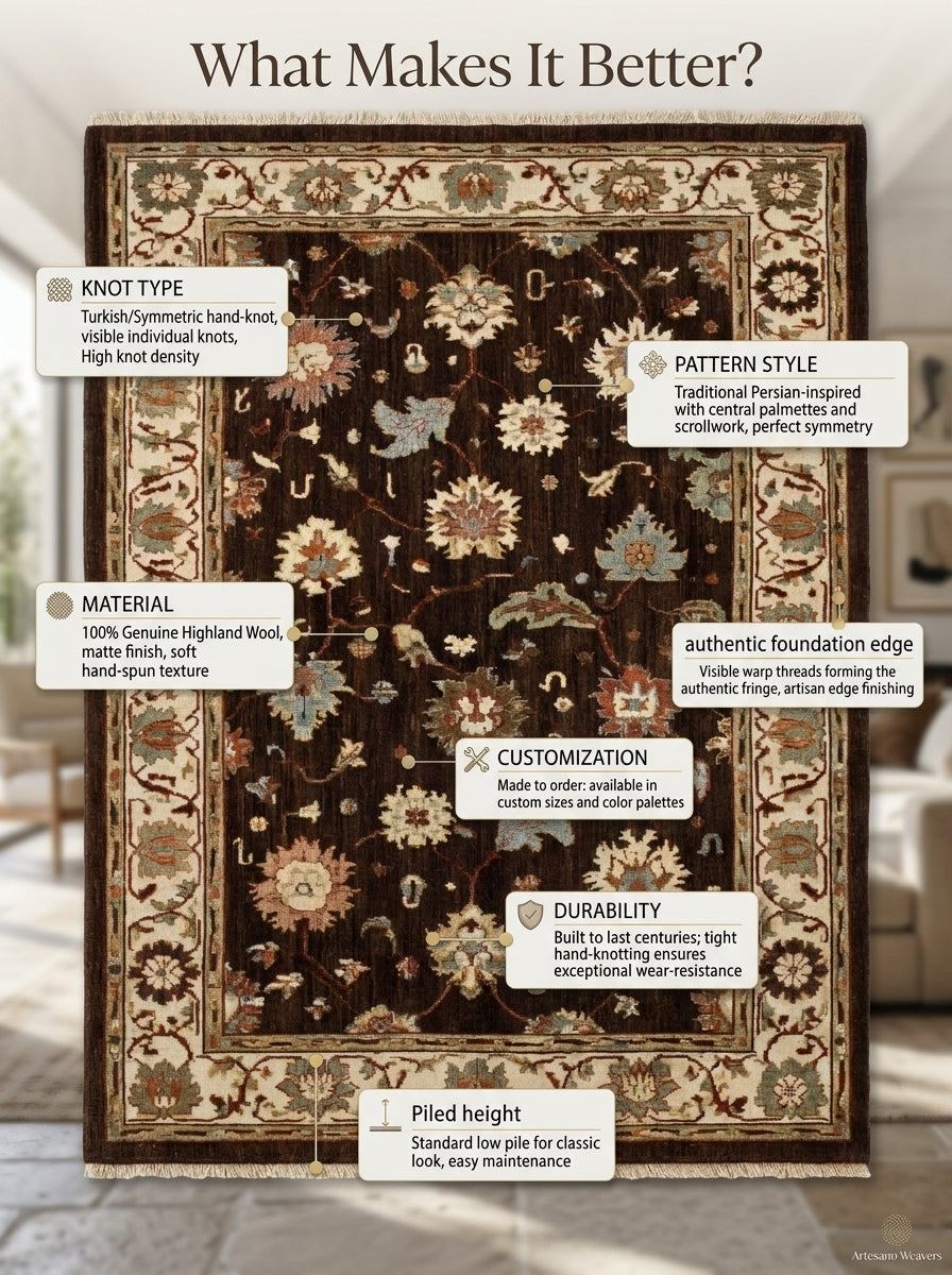 Oushak Hand Knotted Rug in chocolate brown wool with floral motifs, ivory palmette border, and fringe edges.