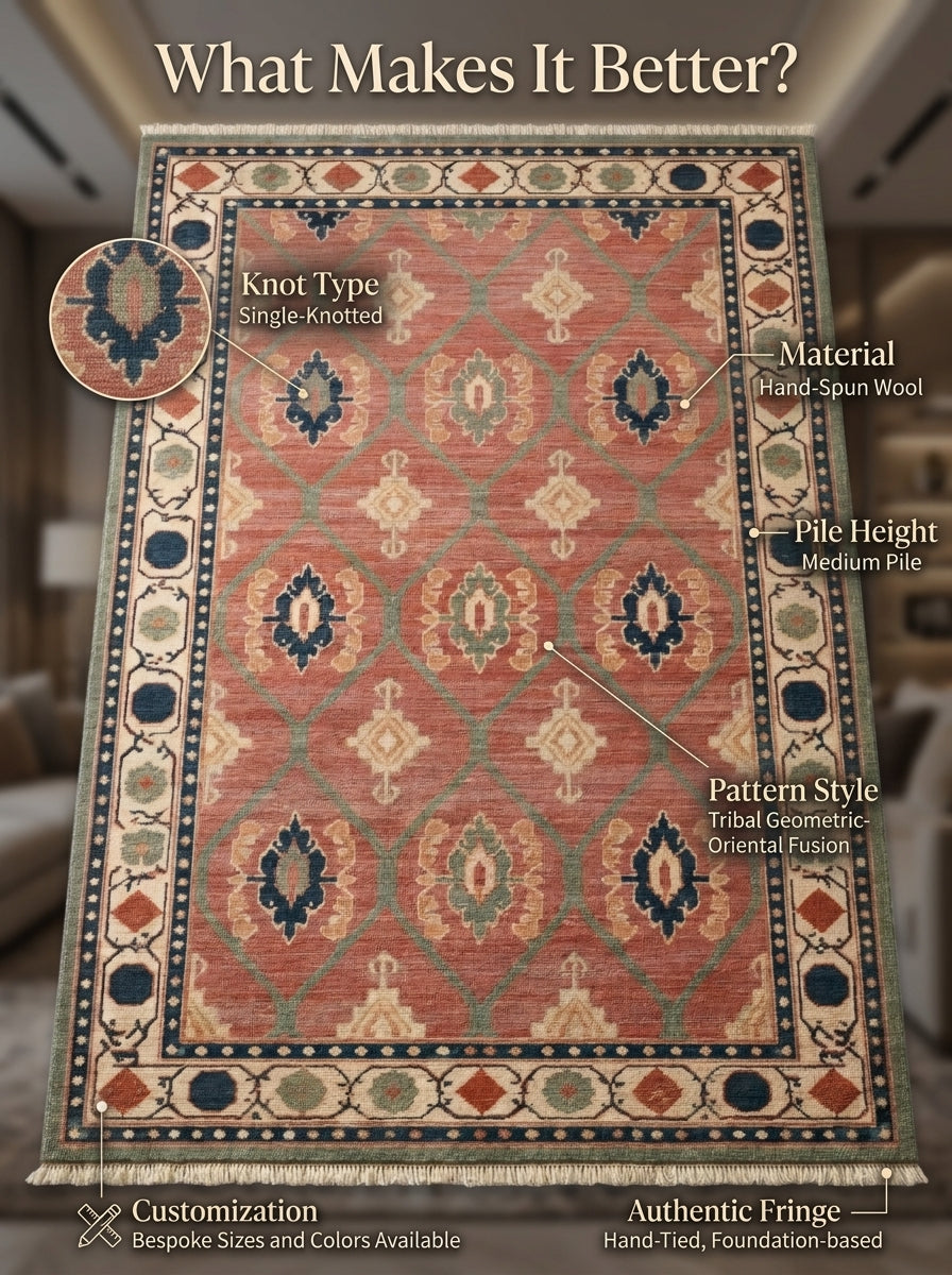 Oushak Hand Knotted Rug in coral pink wool, with sage lattice, geometric medallions, ivory border and fringe.