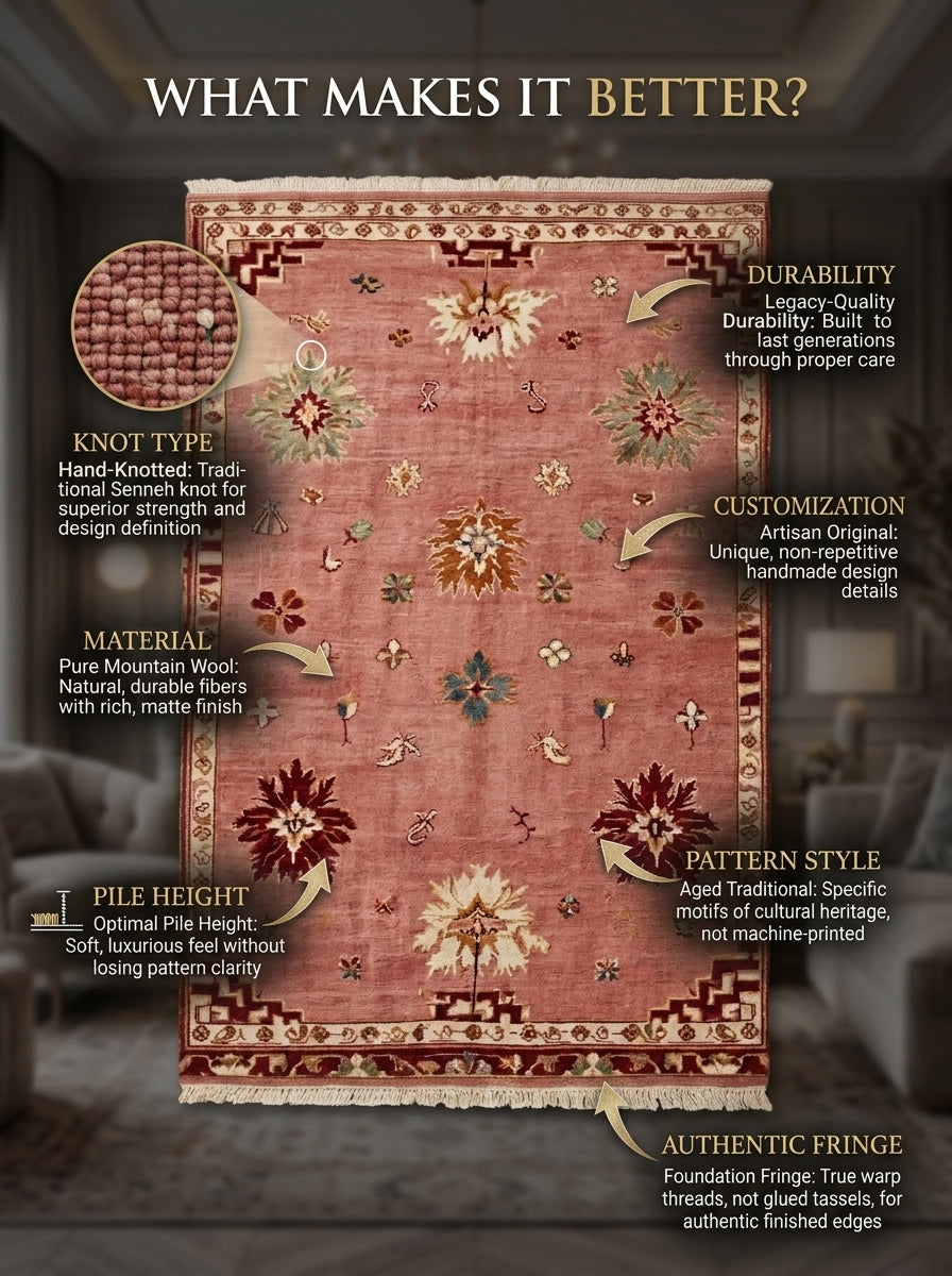 Oushak Hand Knotted Rug in dusty rose wool, with scattered floral motifs, burgundy border and fringed ends.