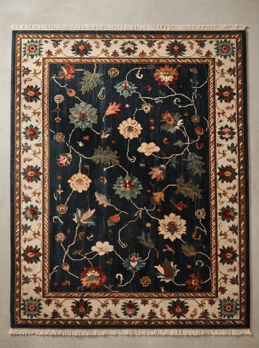 Oushak Hand Knotted Rug in deep midnight blue wool, with scattered multicolour florals, ivory palmette border and fringe.
