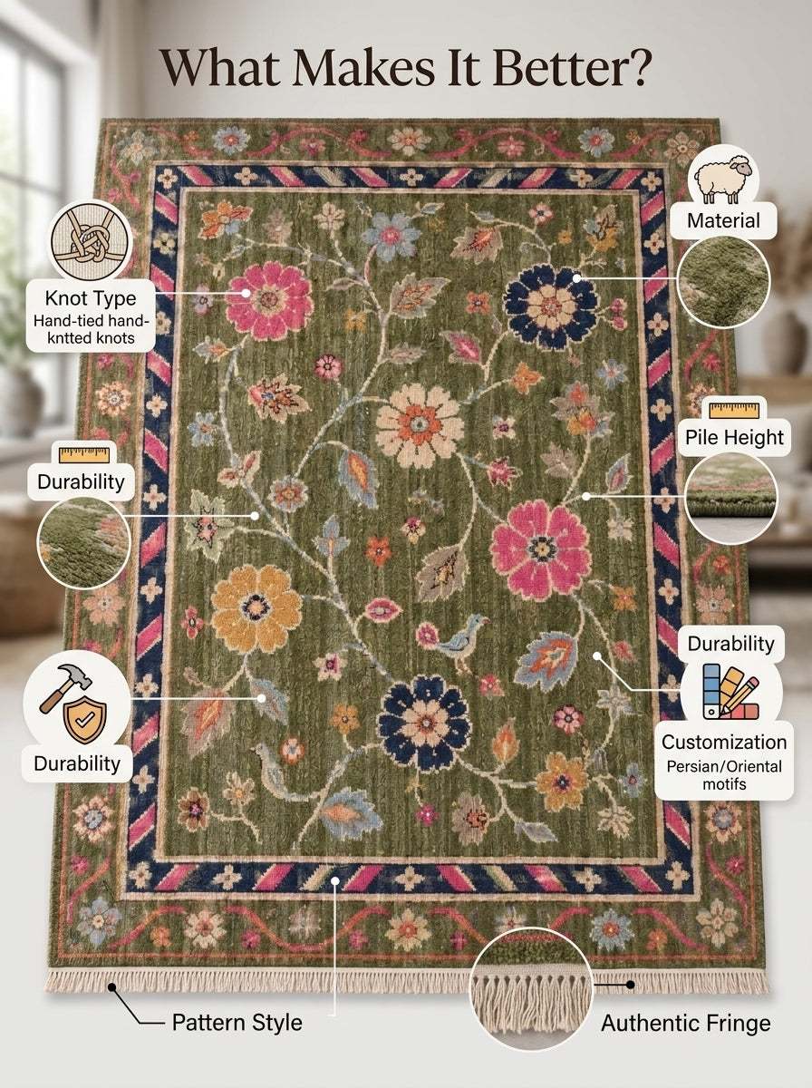 Oushak Hand Knotted Rug in olive green wool with pink, navy and mustard flowers, birds, vines and striped borders