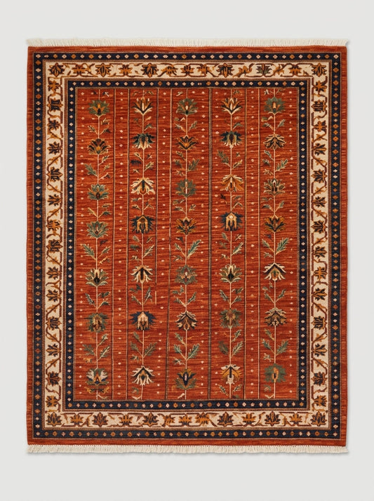 Oushak Hand Knotted Rug in rust red wool, with vertical botanical stems, an ivory floral border, navy bands and fringe.
