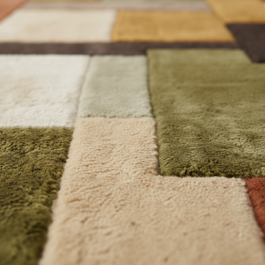 Handmade Retro Geometric Rug with colorful patchwork design in earthy tones, soft wool shag carpet for mid century modern decor