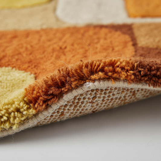 Handmade tufted rug with retro geometric design in warm sunset tones, mid century vintage wool area rug