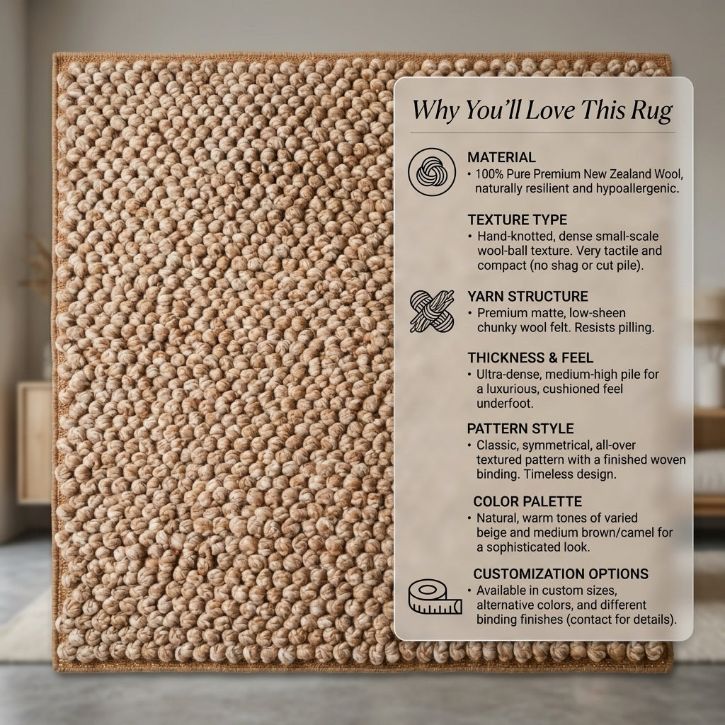 Chunky Wool Rug, Handwoven Pebble Texture Area Rug, Camel Beige Heathered Carpet, Modern Organic Minimalist Decor, Thick Cozy Living Room Floor Rug