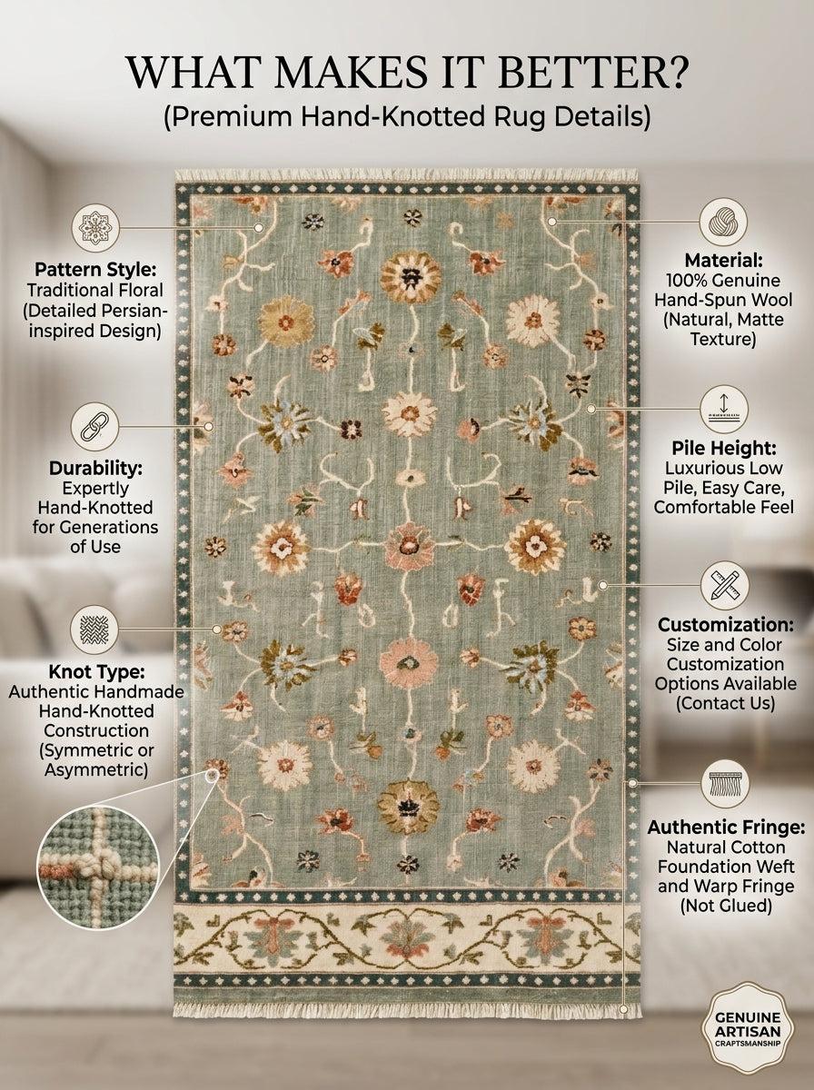 Oushak Hand Knotted Rug in muted sage green wool, with scattered floral vines, ivory border, teal guard bands and fringe.