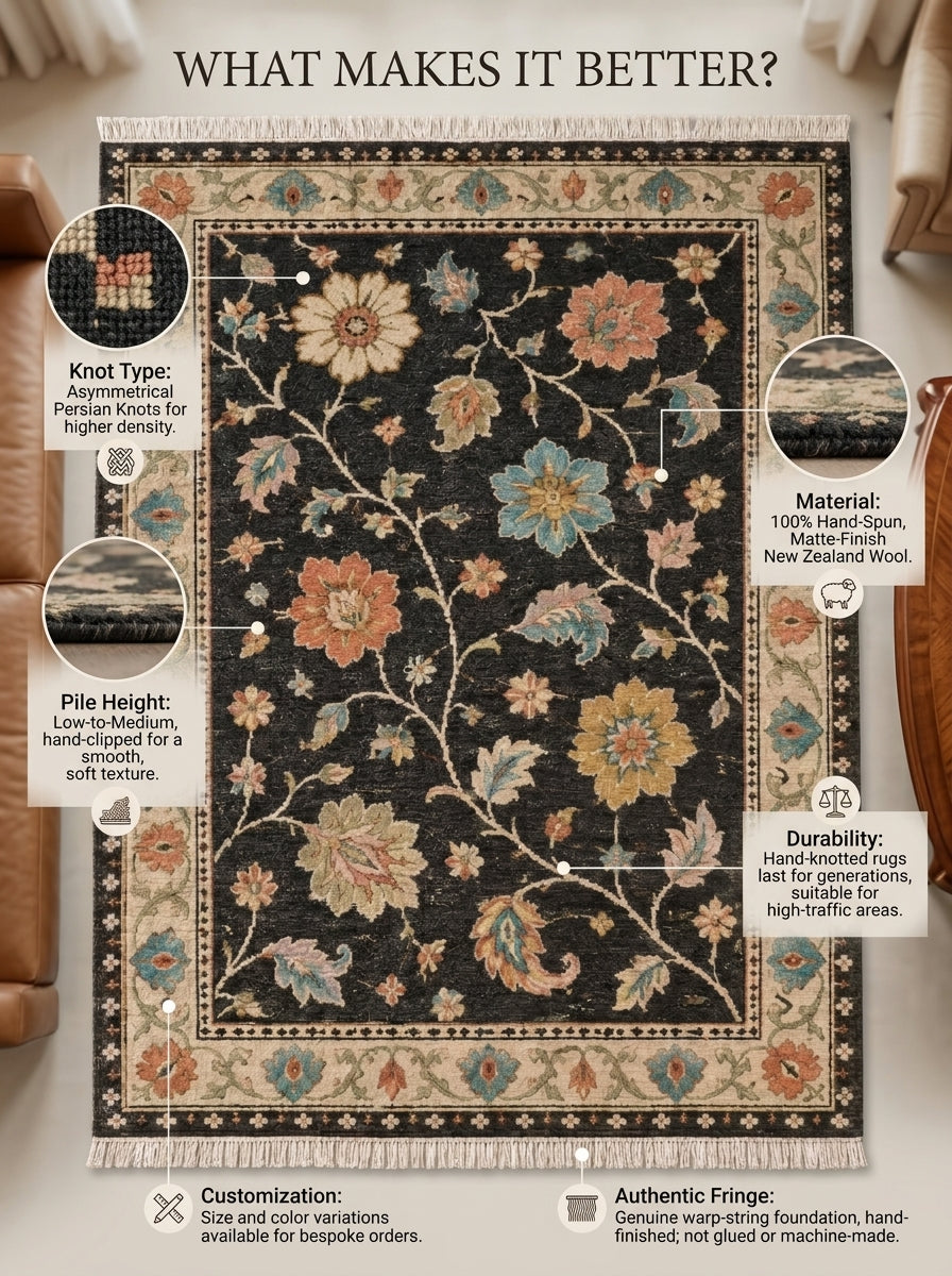 Charcoal Black Floral Hand Knotted Wool Rug, Oushak Style Ivory Border
