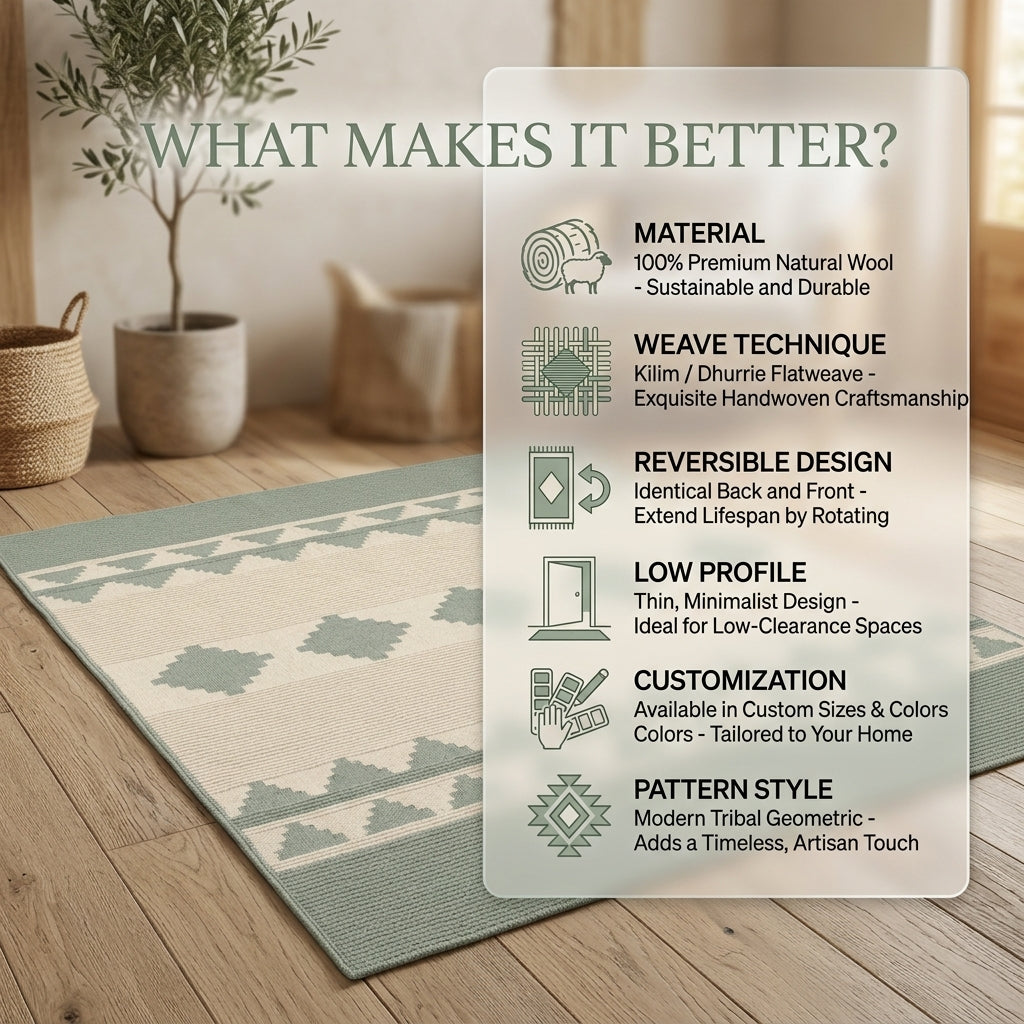 Southwestern Flatweave Wool Rug in sage green and cream, with ribbed texture and stepped geometric diamond and triangle bands.