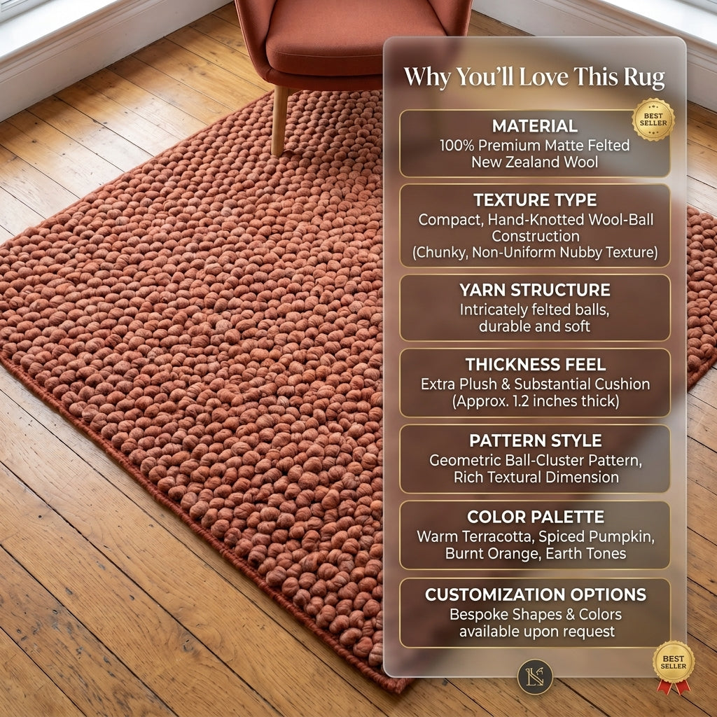Chunky Wool Rug, Handwoven Pebble Texture Area Rug, Terracotta Rust Carpet, Modern Boho Earthy Decor, Thick Cozy Living Room Floor Rug
