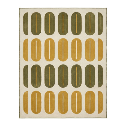 Retro Oval Rug with rows of olive green and mustard rounded shapes on an ivory wool surface, finished with a narrow olive border