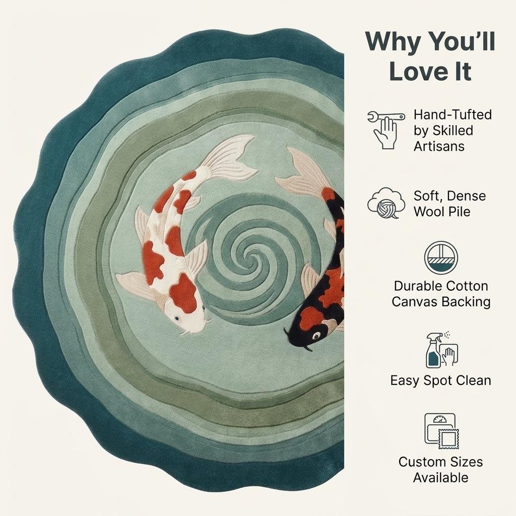 Round Koi Fish Rug in teal, sage and aqua wool, with two orange, white and black koi circling a carved spiral