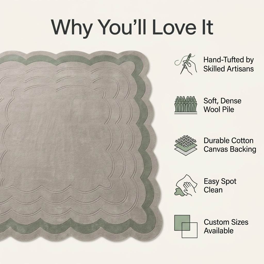 Sage Green Scalloped Echo hand-tufted wool rug in pale greige with carved ripple lines and a sage scalloped border.