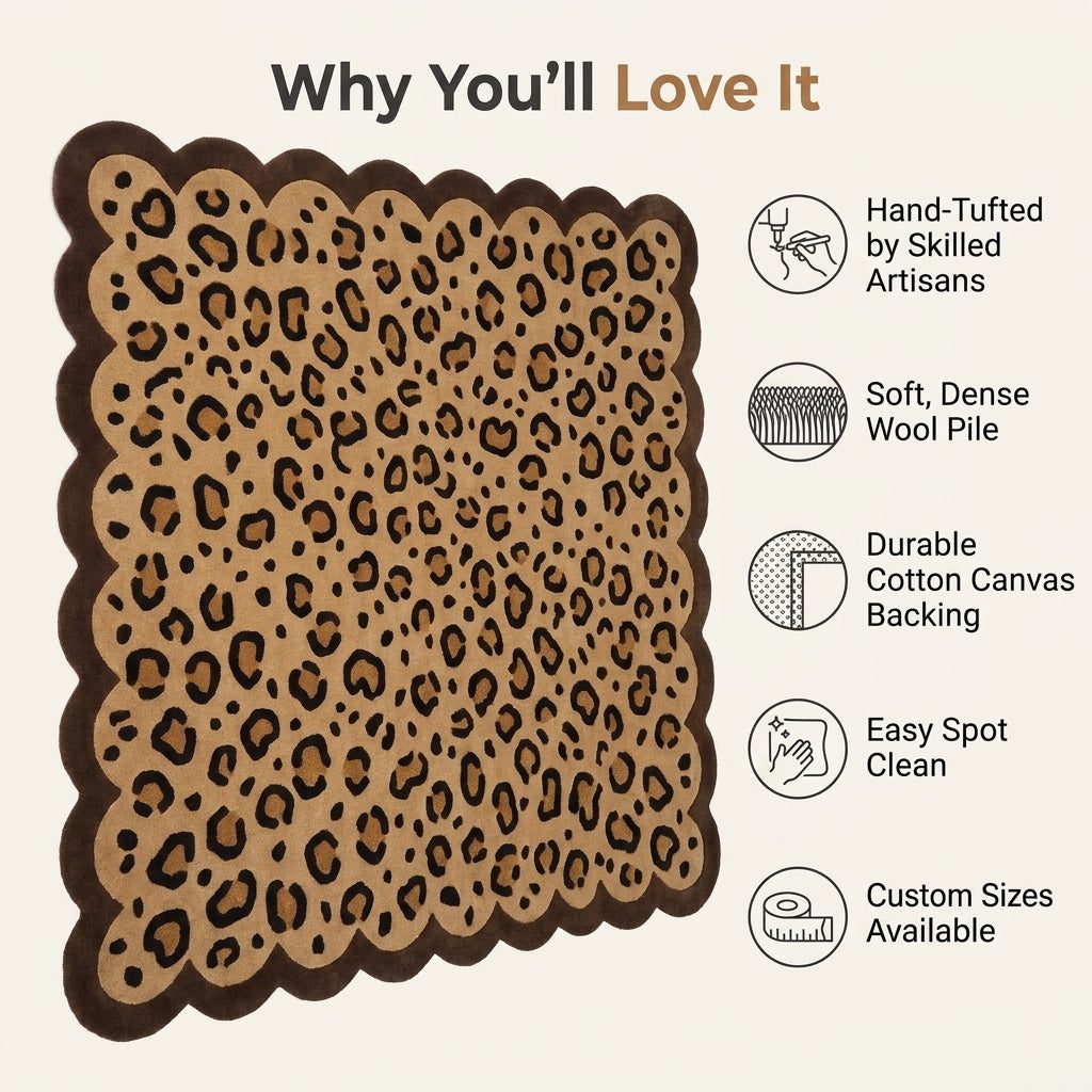 Scalloped Leopard Rug with tan wool pile, bold black rosette pattern and a thick dark brown wavy border