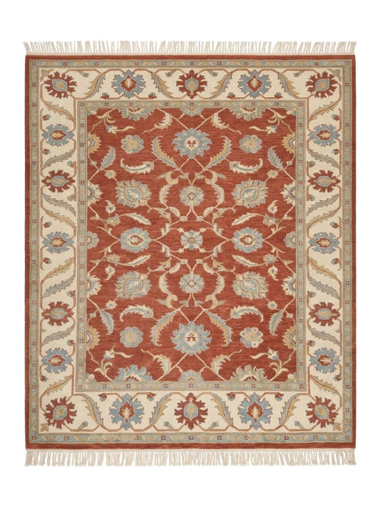 Terracotta Oushak Rug with an ivory and blue floral palmette border, intricate all-over motifs, and fringed edges