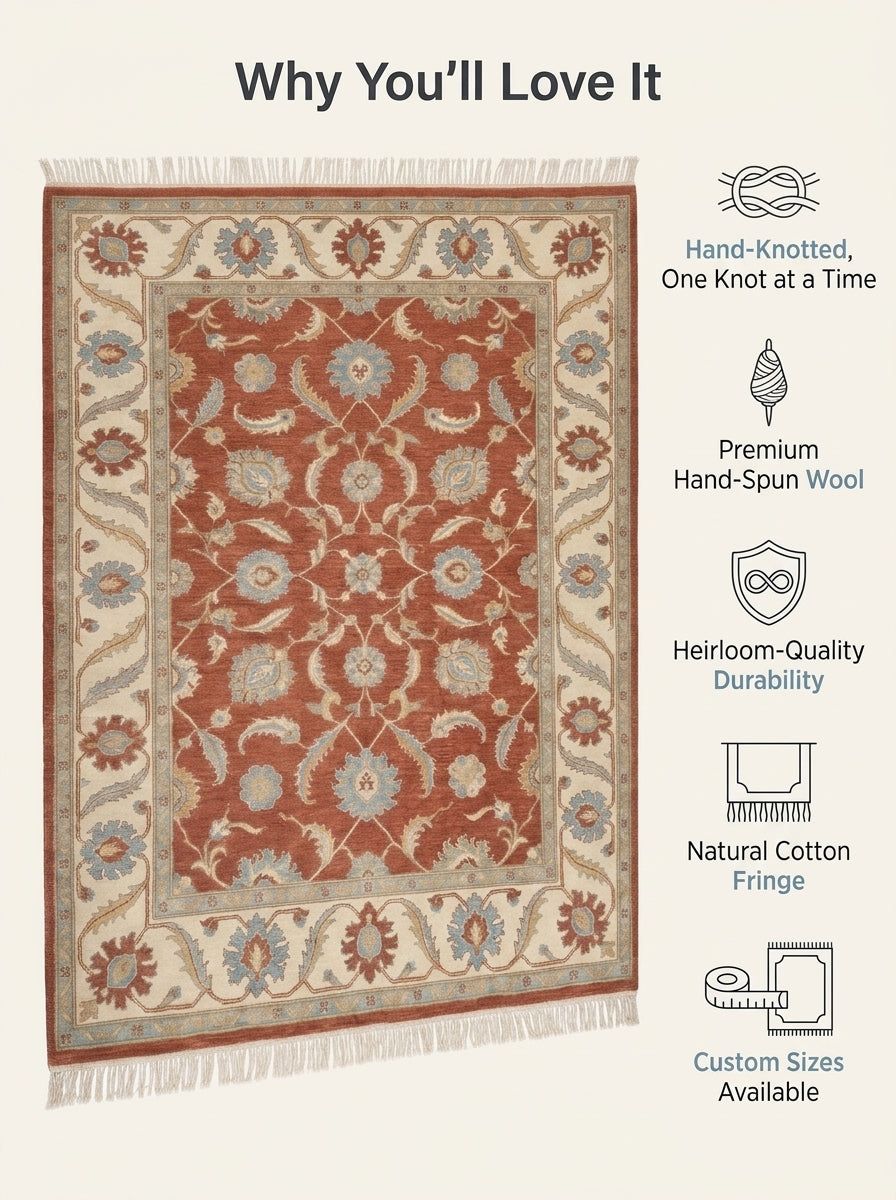 Terracotta Oushak Rug with a terracotta field, ivory floral border, blue palmettes, and fringed edges