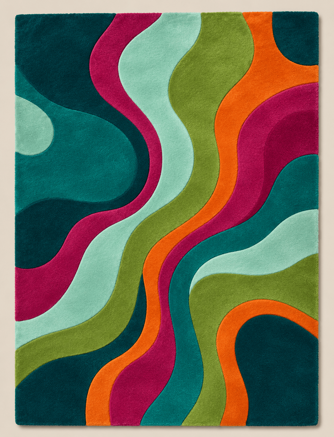 Abstract wavy hand tufted wool rug in retro teal, green, and crimson swirl design
