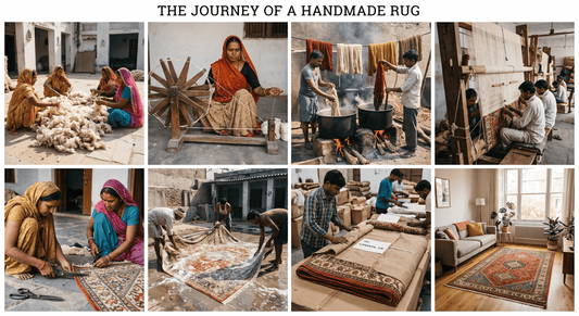 Handmade rug journey illustrating craftsmanship from raw wool to finished product in living room setting