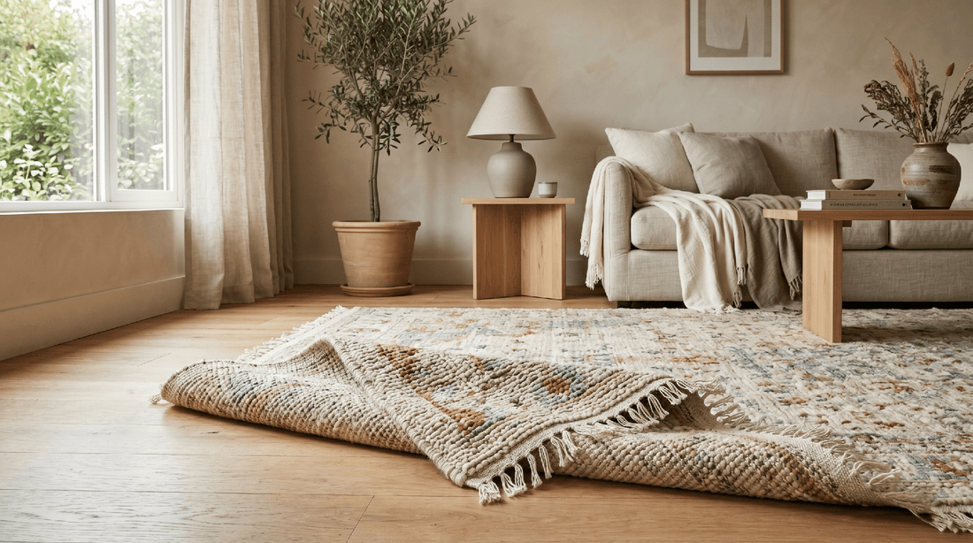close-up of a genuine handmade rug showing intricate patterns and natural texture
