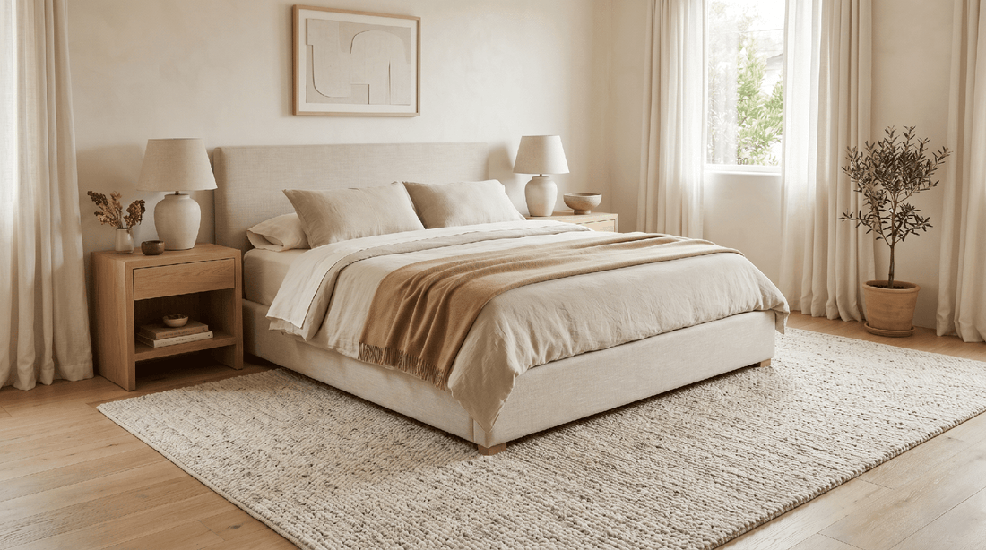 King bed rug size guide infographic showing optimal rug dimensions and placements for bedroom styling and comfort.