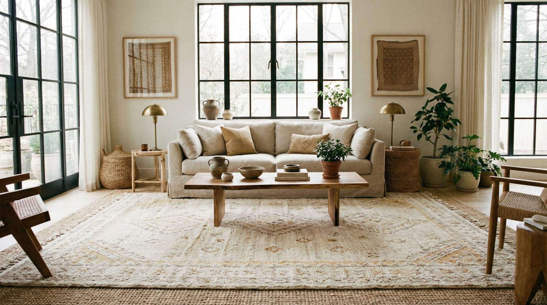 cozy living room featuring stylish wool area rug under sofa and coffee table