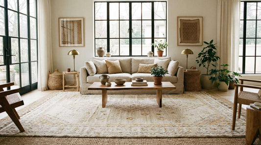 cozy living room featuring stylish wool area rug under sofa and coffee table