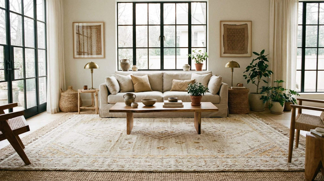 stylish living room with a modern area rug under the coffee table