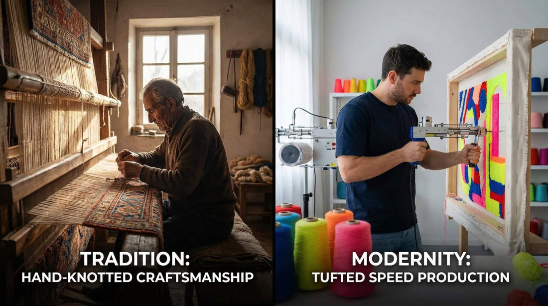 comparison chart of hand knotted vs hand tufted rugs with features durability price and craftsmanship