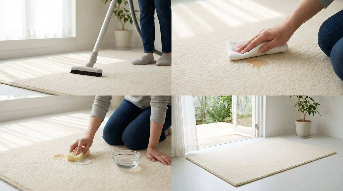 close-up of hands gently cleaning a wool rug with soft brush and mild solution in a bright room